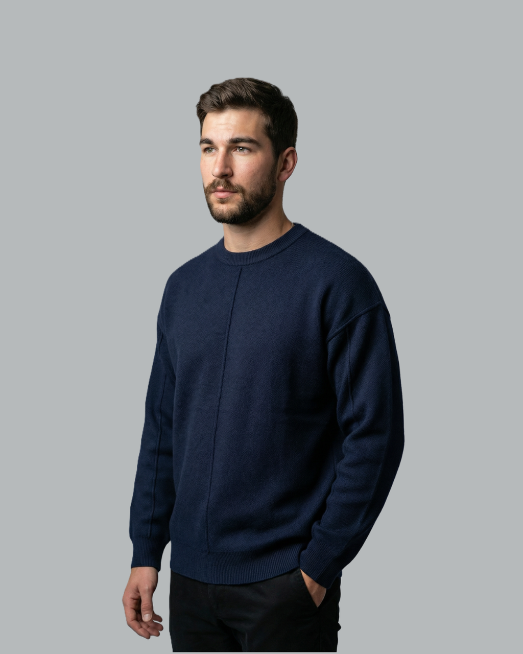 Structured Vertical-Knit Crew Neck Sweater