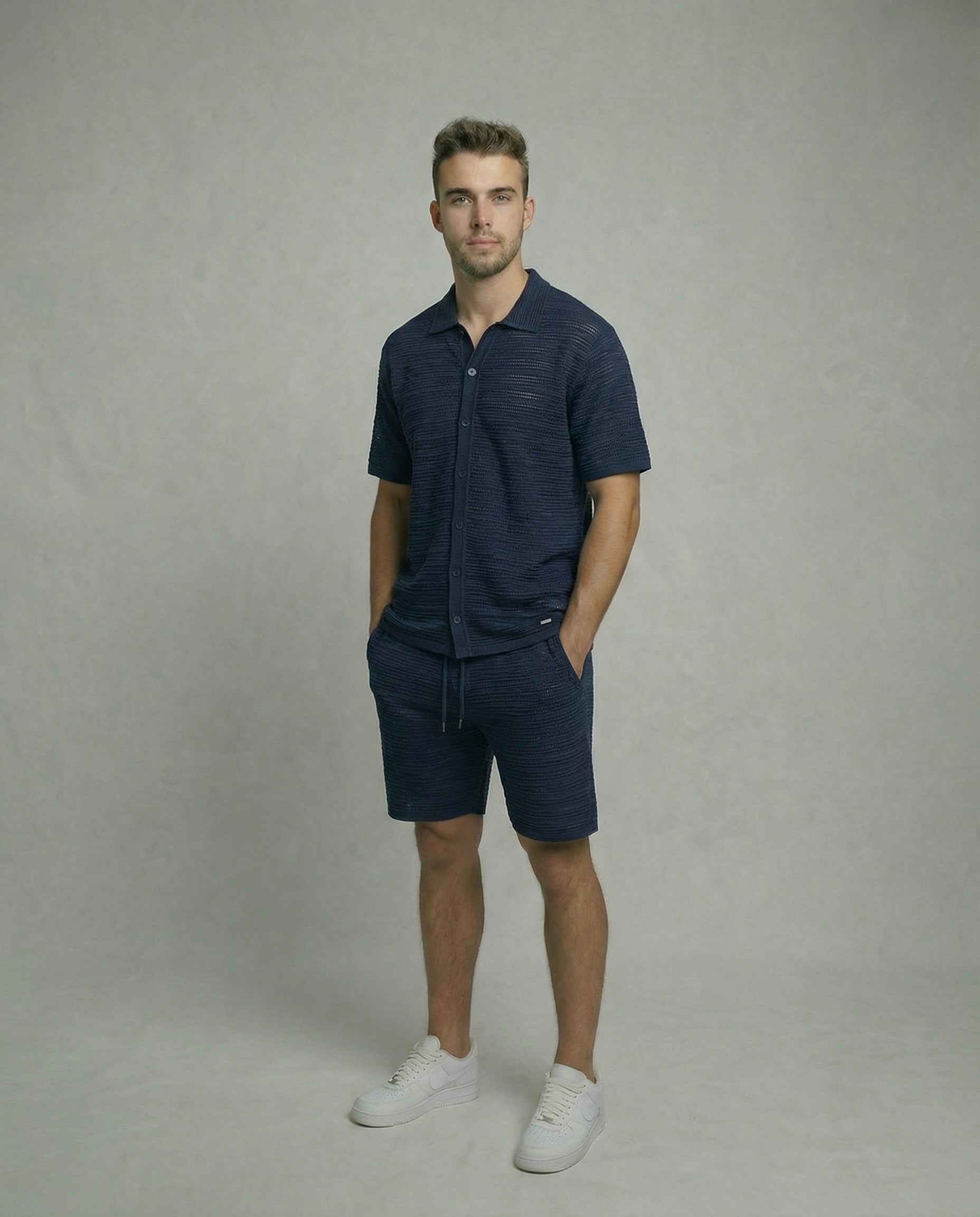 Micro-Mesh Textured Short Sleeve Sweater