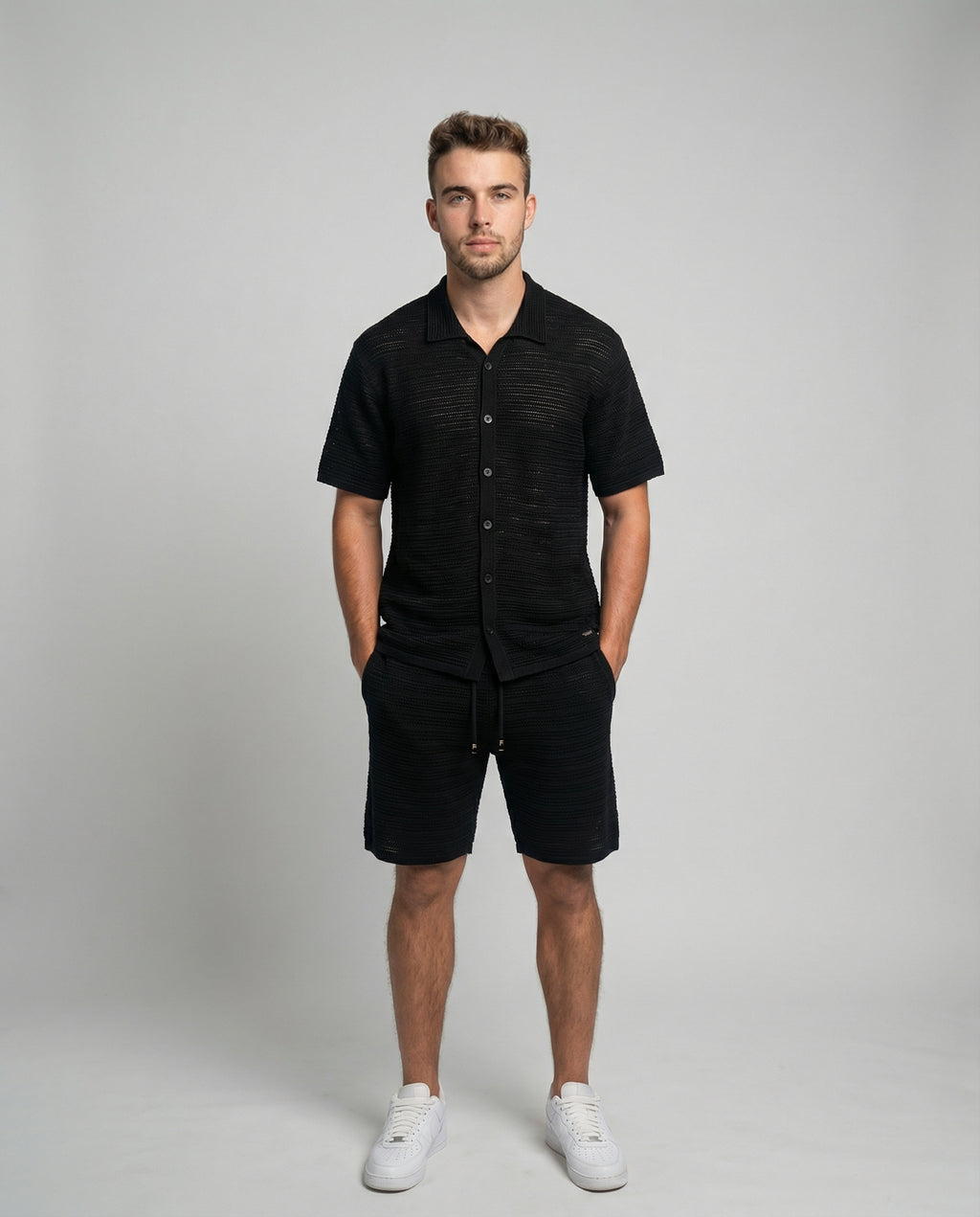 Micro-Mesh Textured Short Sleeve Sweater