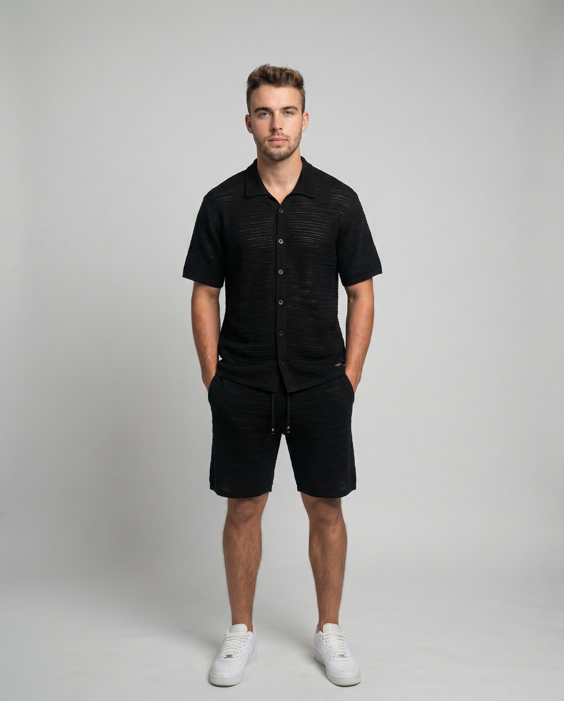 Micro-Mesh Textured Short Sleeve Sweater