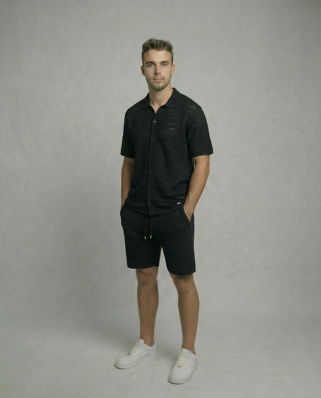 Micro-Mesh Textured Short Sleeve Sweater