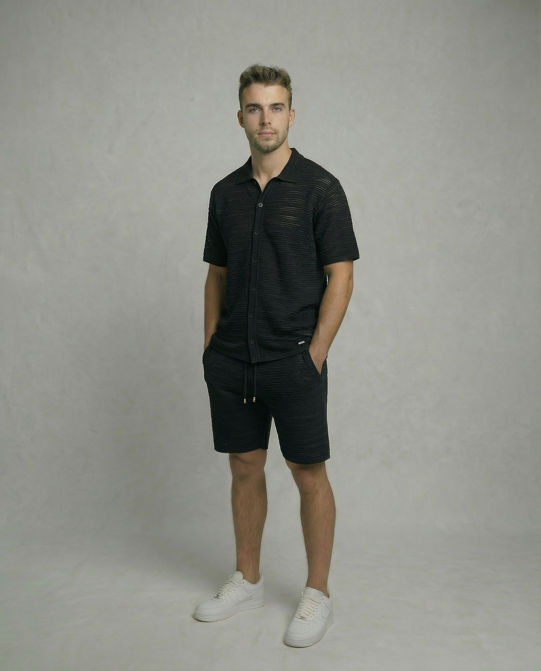 Micro-Mesh Textured Short Sleeve Sweater