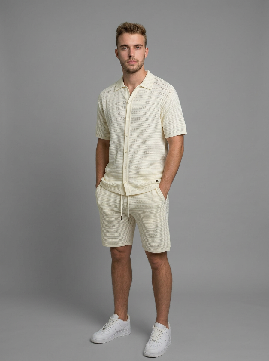 Micro-Mesh Textured Short Sleeve Sweater