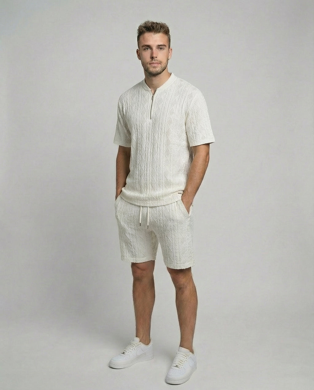 Diamond Knit Half-Zip Short Sleeve Sweater