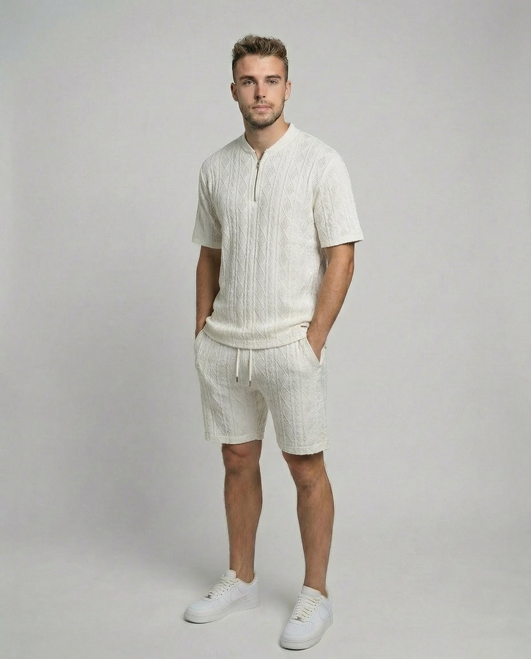 Diamond Knit Half-Zip Short Sleeve Sweater