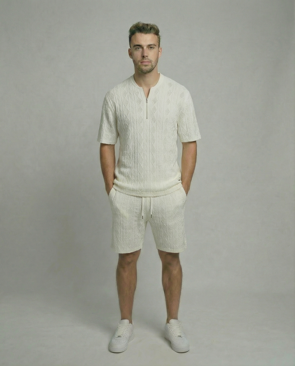 Diamond Knit Half-Zip Short Sleeve Sweater