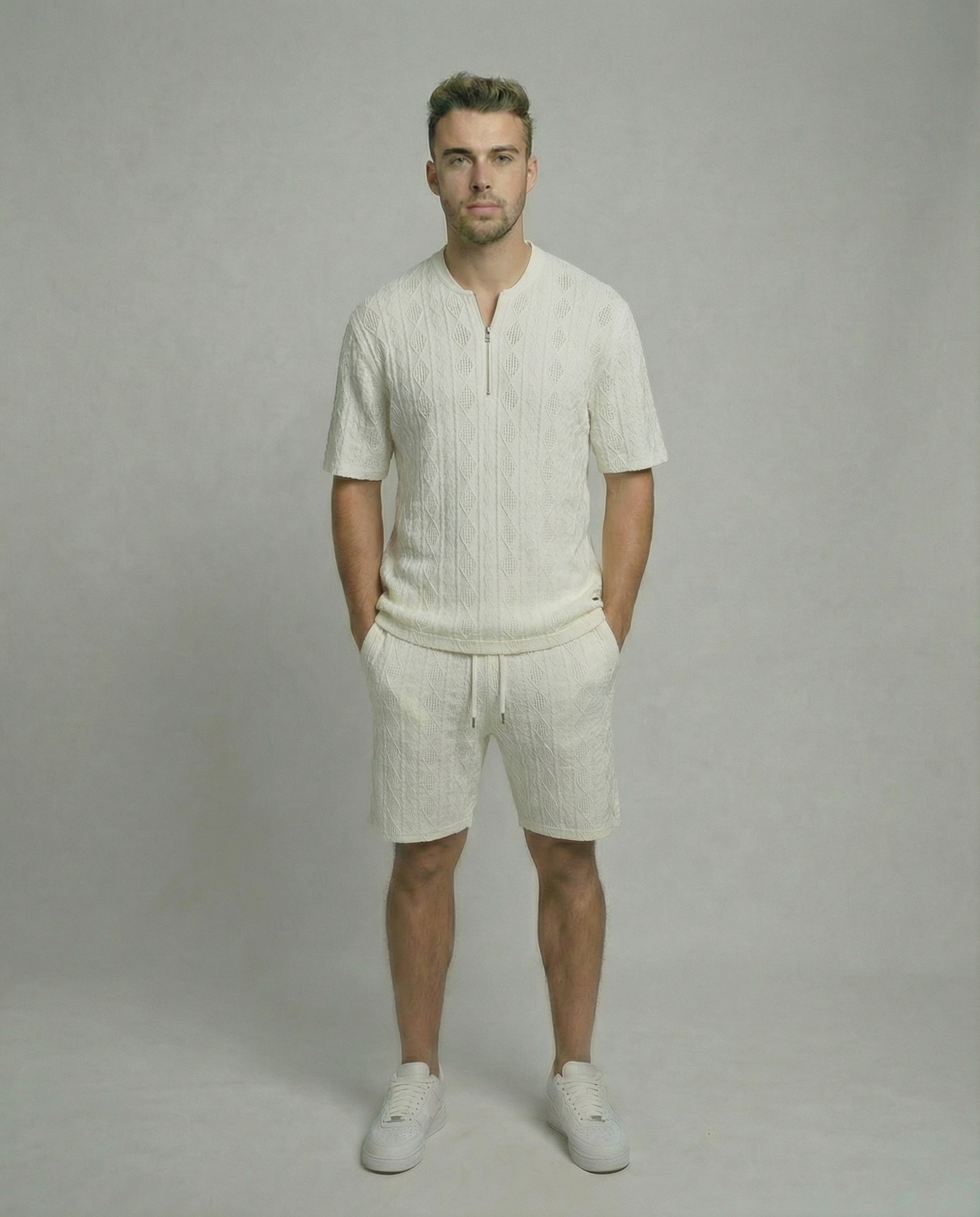 Diamond Knit Half-Zip Short Sleeve Sweater