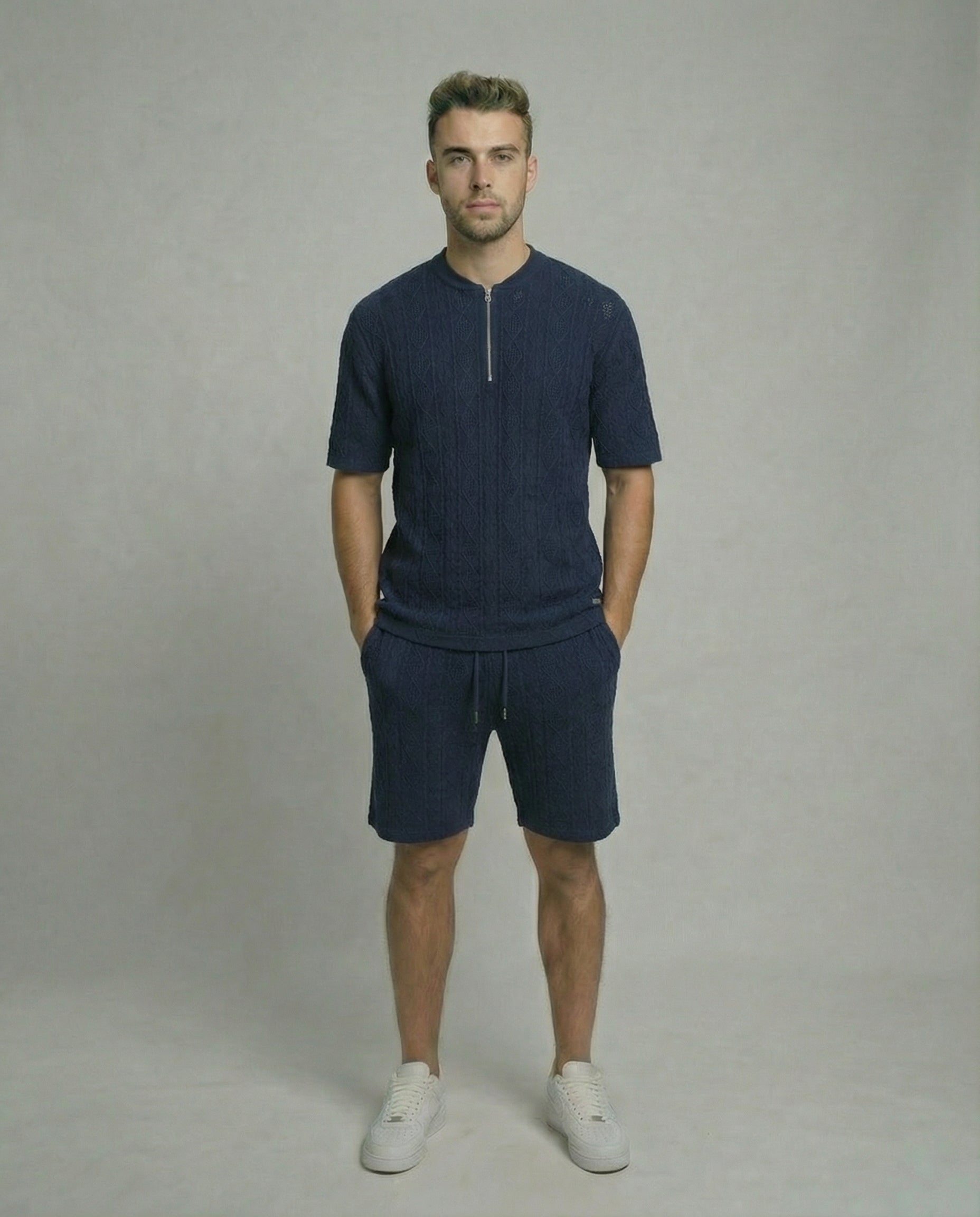 Diamond Knit Half-Zip Short Sleeve Sweater