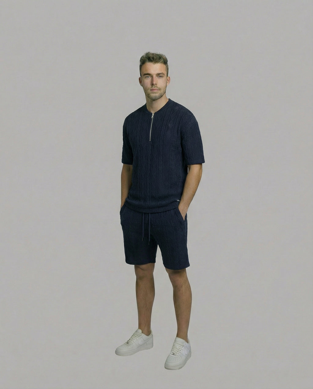 Diamond Knit Half-Zip Short Sleeve Sweater