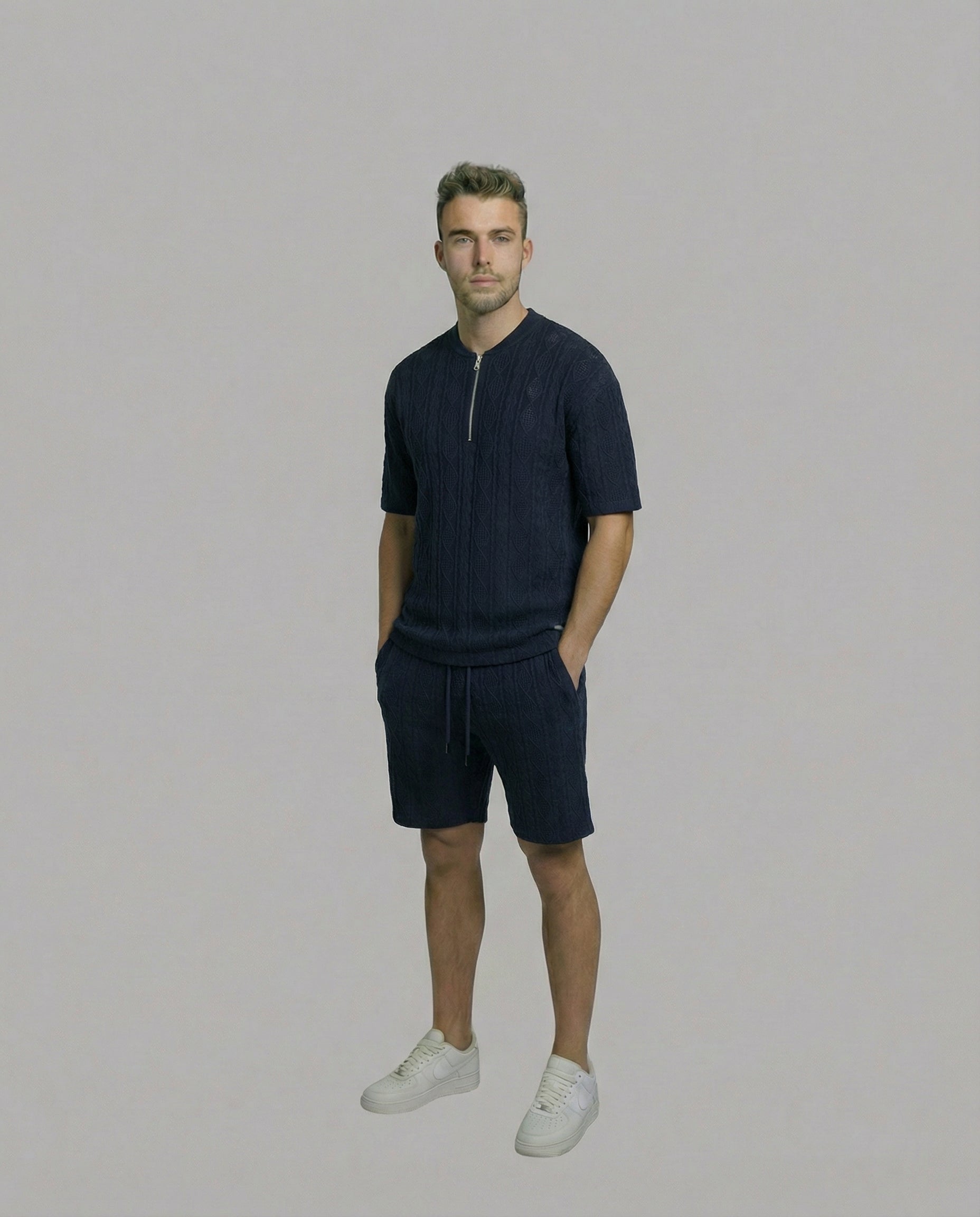 Diamond Knit Half-Zip Short Sleeve Sweater