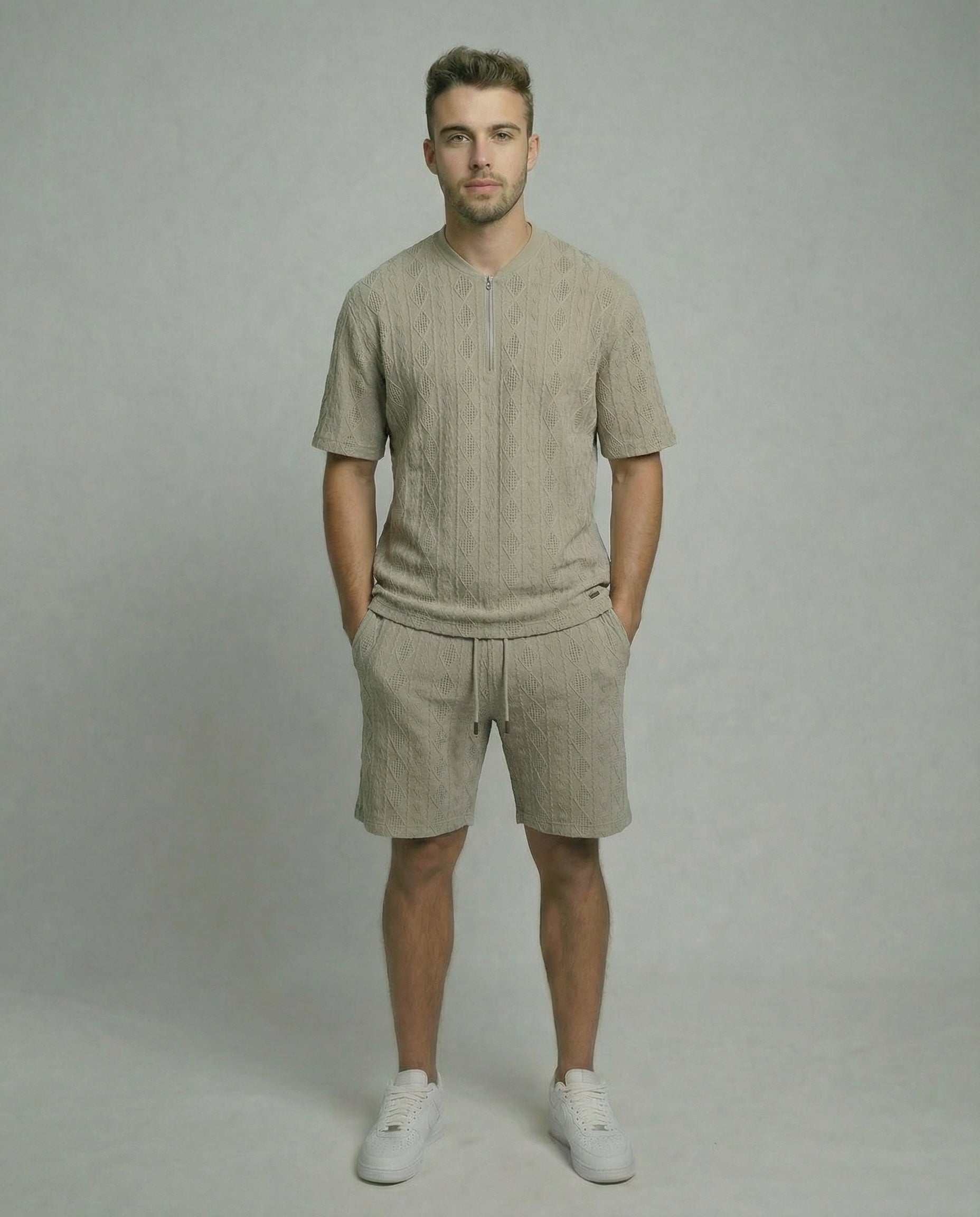 Diamond Knit Half-Zip Short Sleeve Sweater