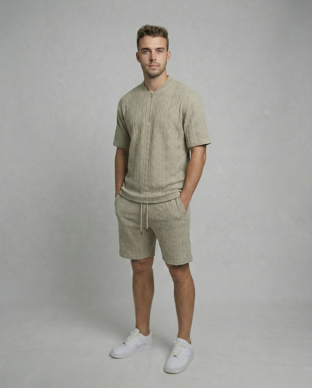 Diamond Knit Half-Zip Short Sleeve Sweater