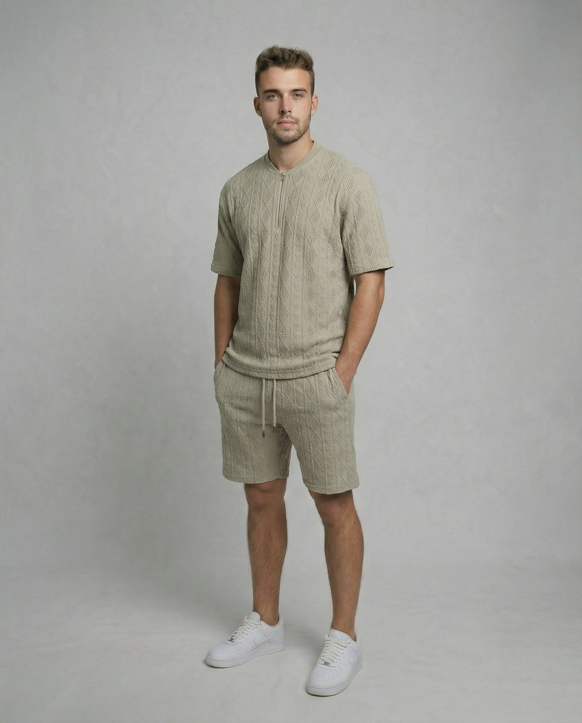 Diamond Knit Half-Zip Short Sleeve Sweater