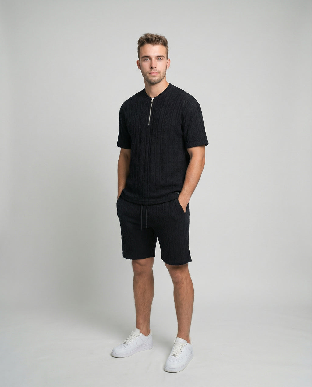 Diamond Knit Half-Zip Short Sleeve Sweater