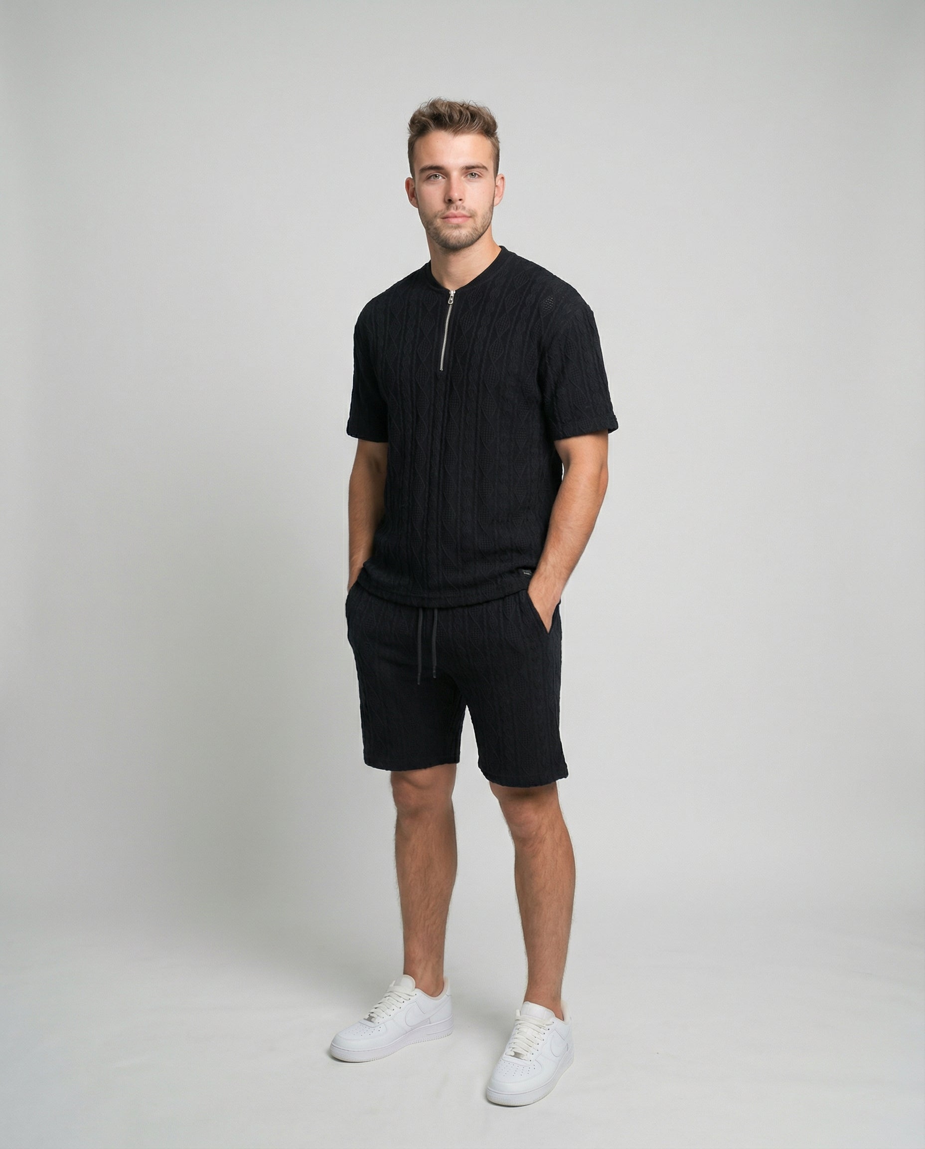 Diamond Knit Half-Zip Short Sleeve Sweater