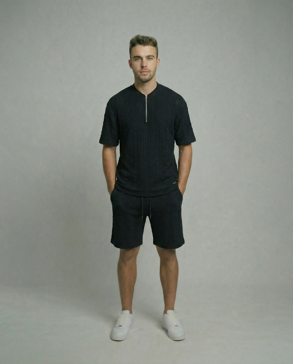 Diamond Knit Half-Zip Short Sleeve Sweater