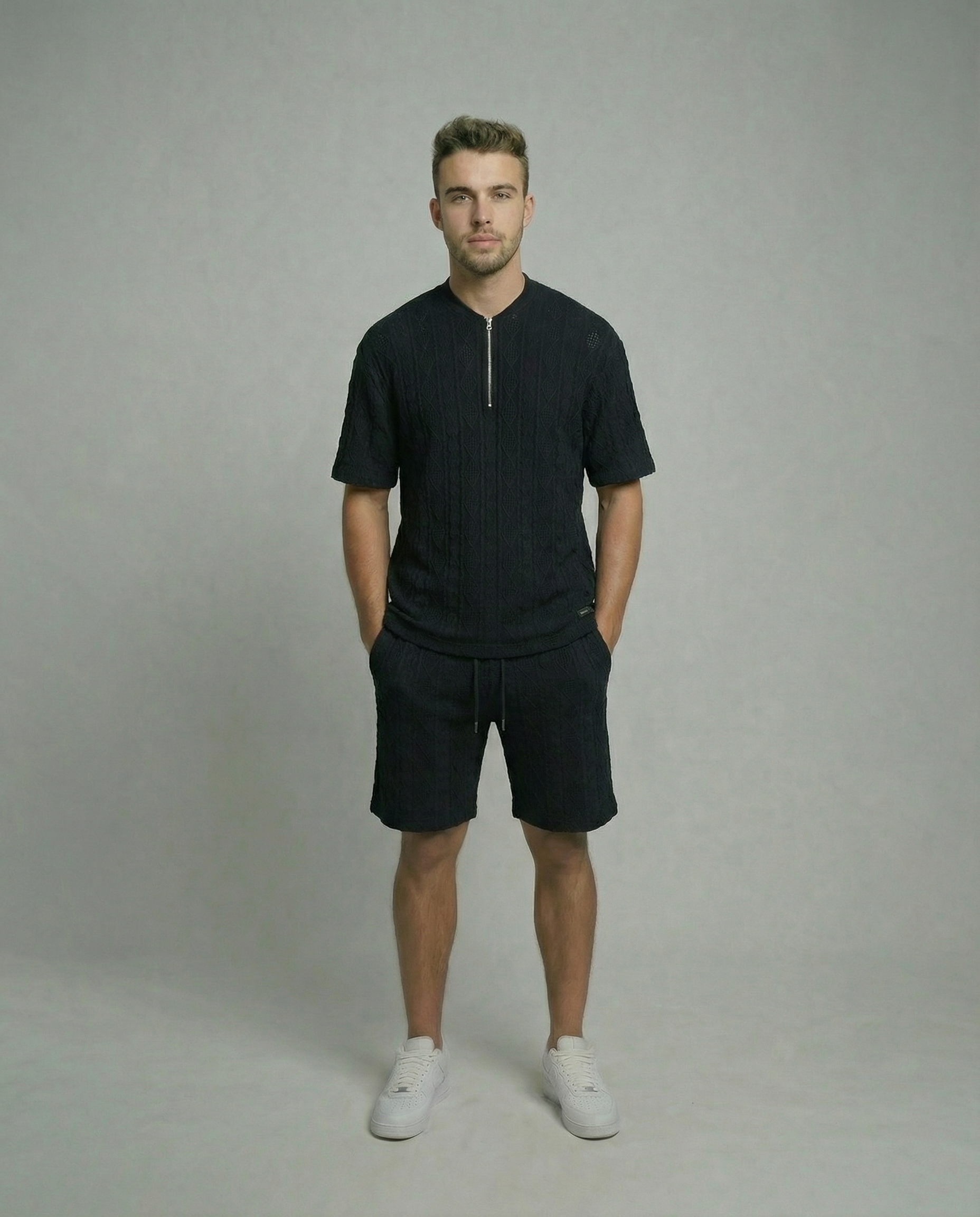 Diamond Knit Half-Zip Short Sleeve Sweater