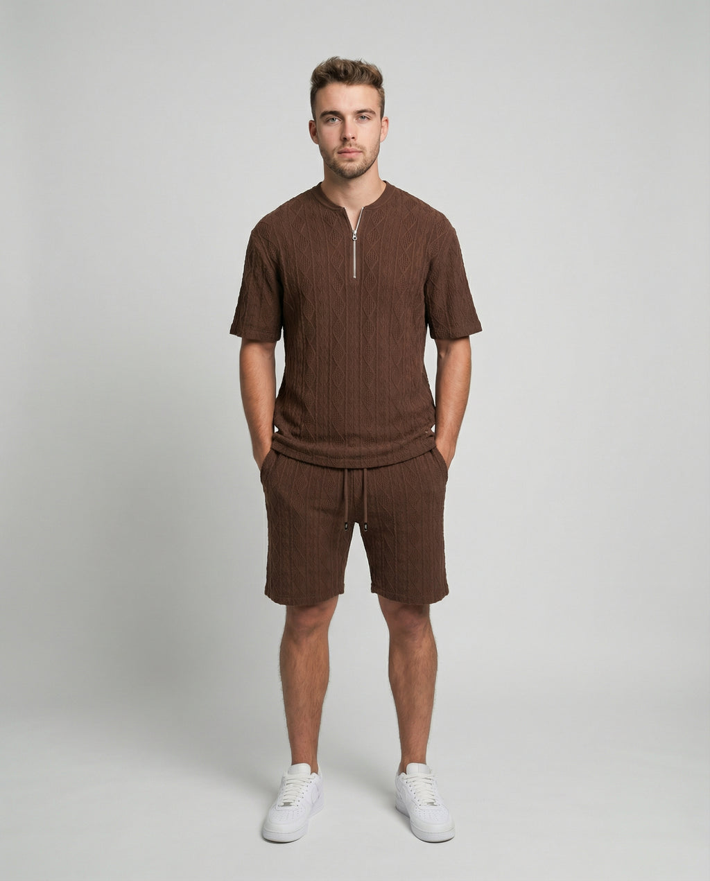 Diamond Knit Half-Zip Short Sleeve Sweater