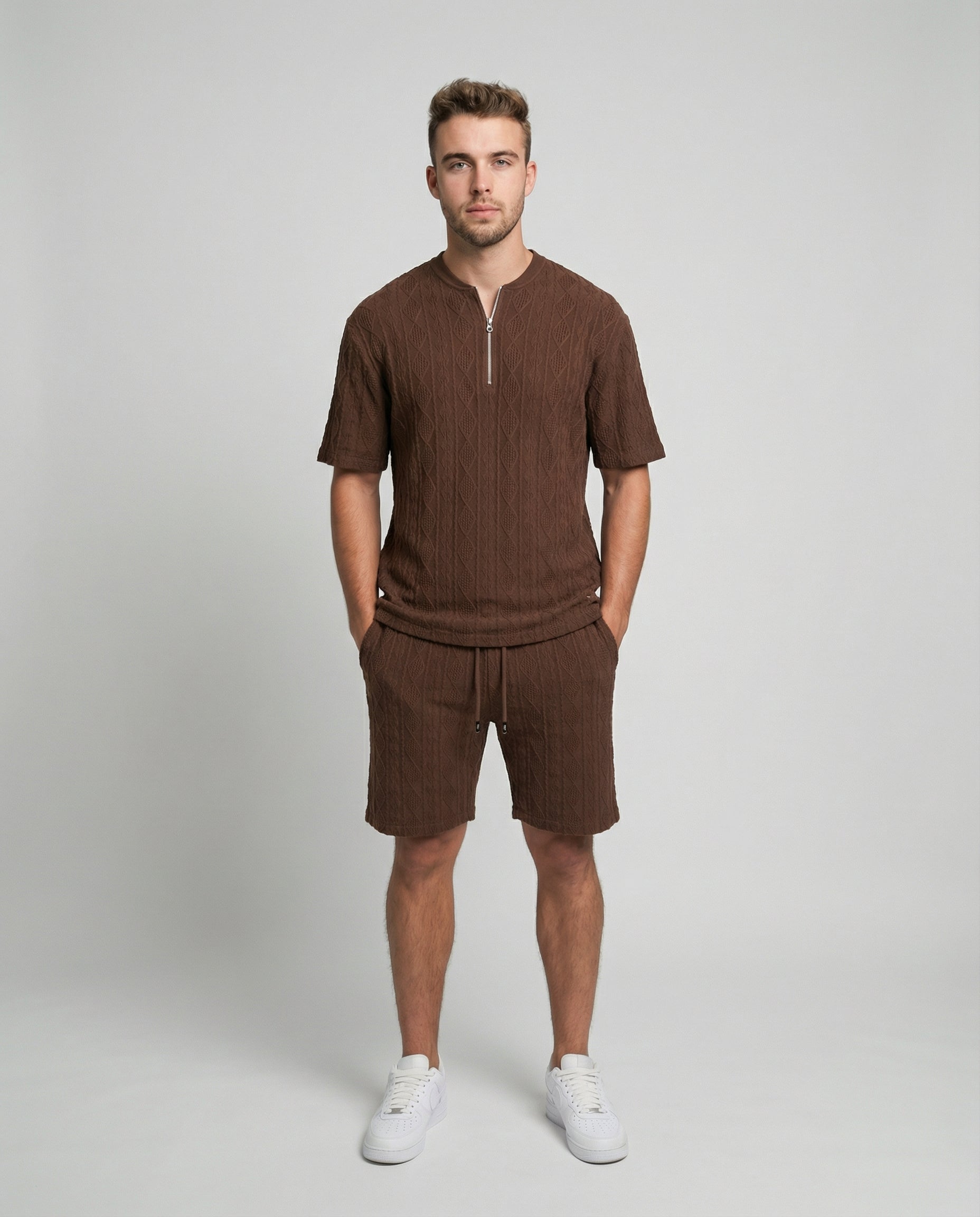 Diamond Knit Half-Zip Short Sleeve Sweater