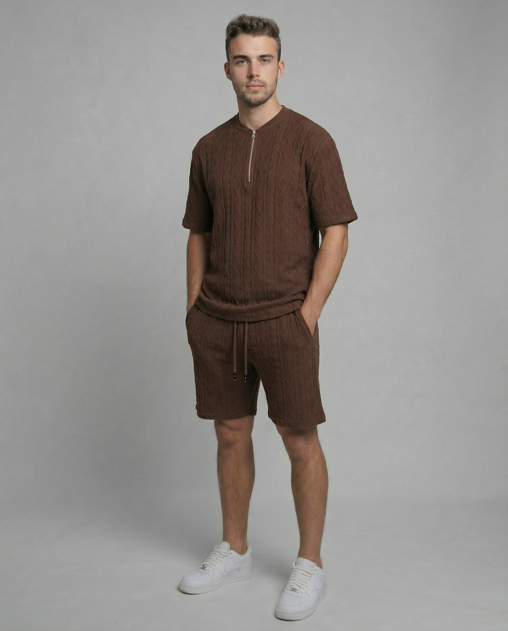 Diamond Knit Half-Zip Short Sleeve Sweater