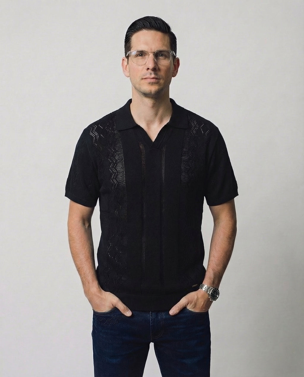 Vertical-Knit Polo Sweater