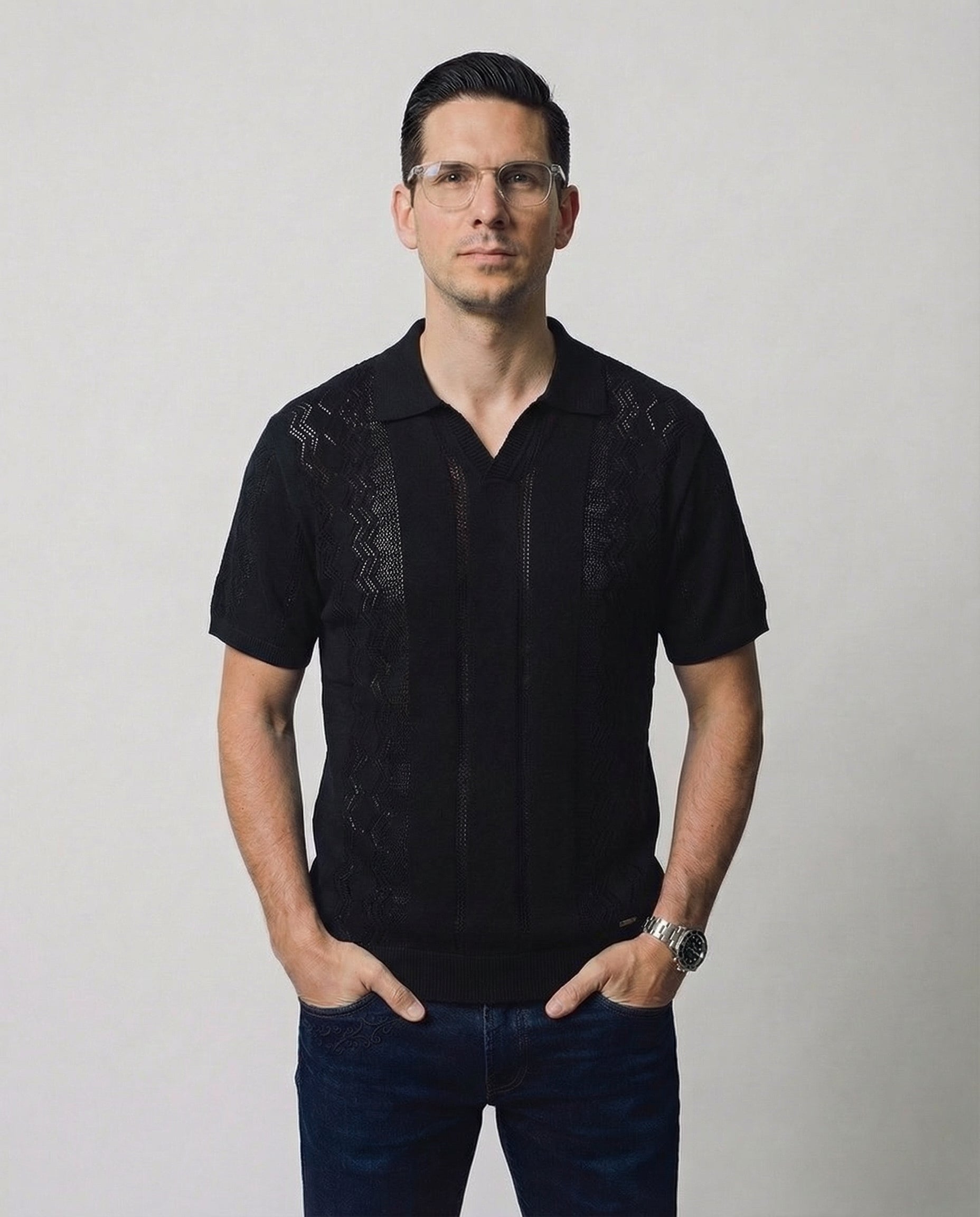 Vertical-Knit Polo Sweater