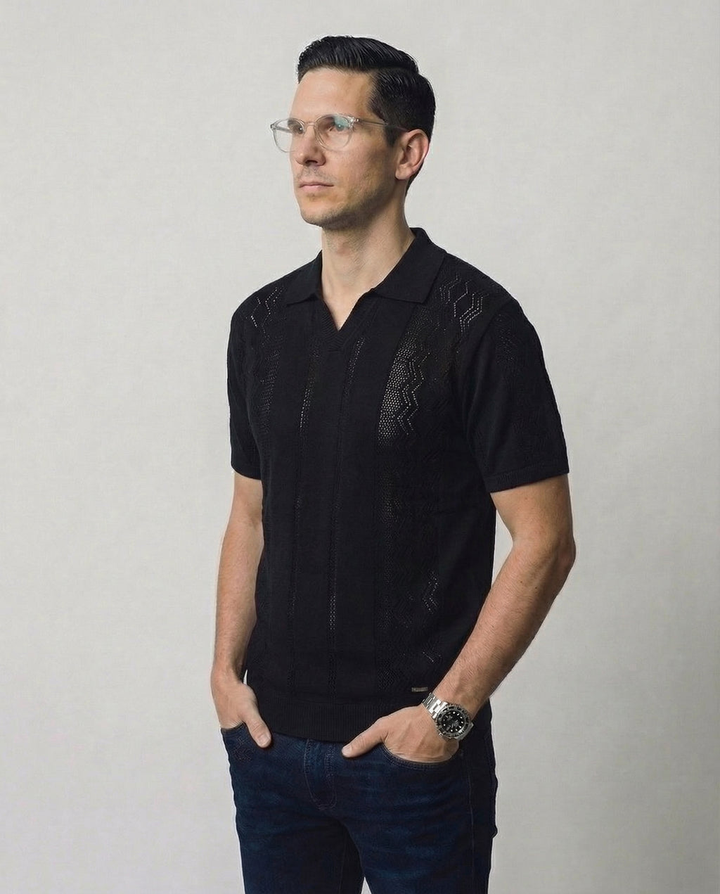 Vertical-Knit Polo Sweater