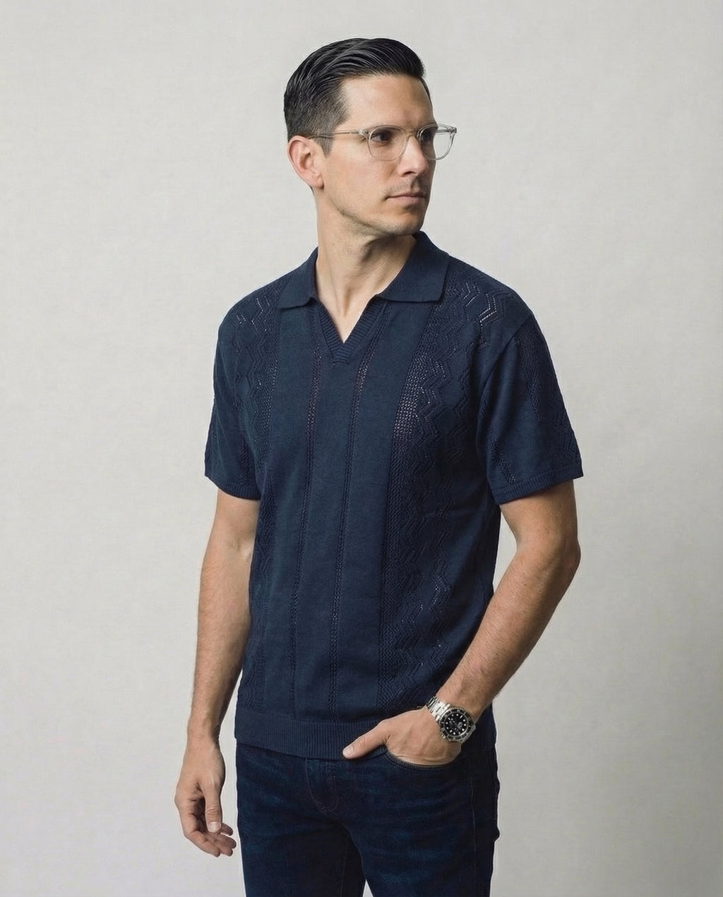Vertical-Knit Polo Sweater