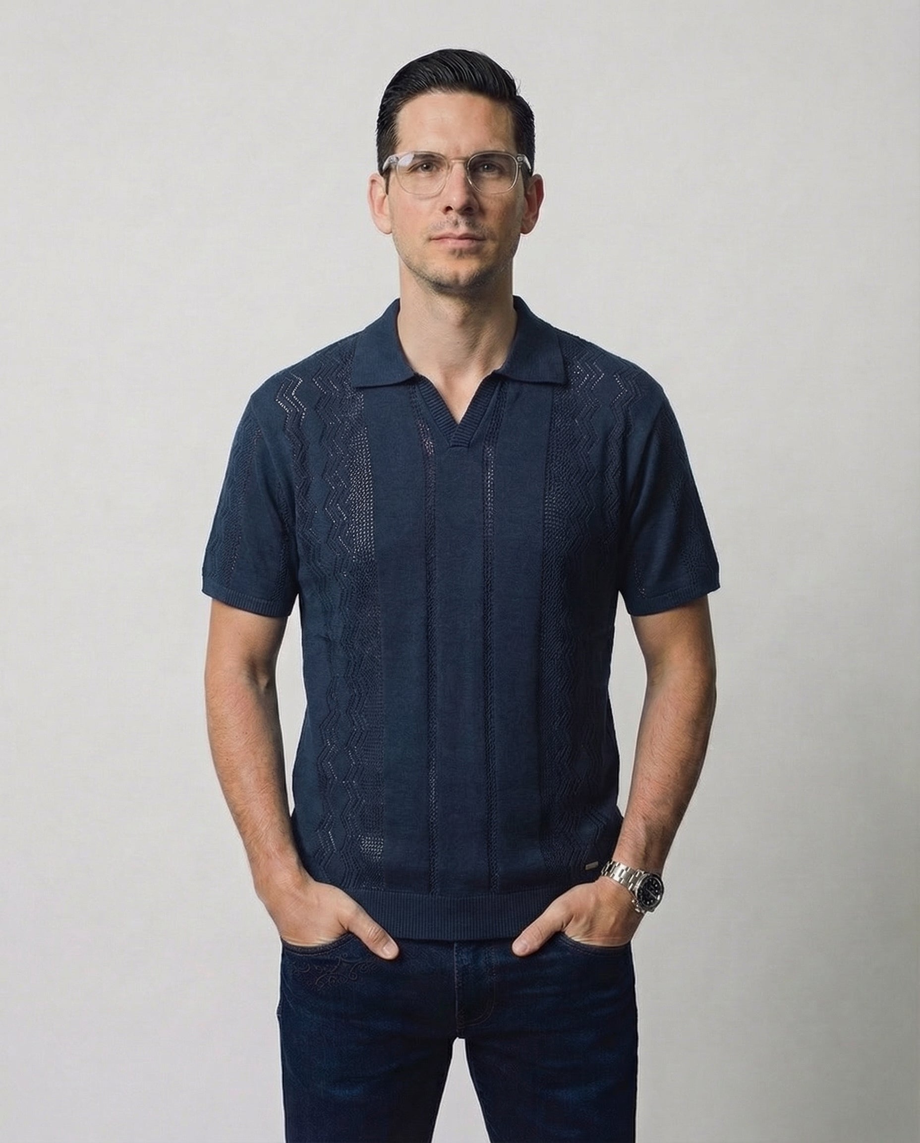Vertical-Knit Polo Sweater