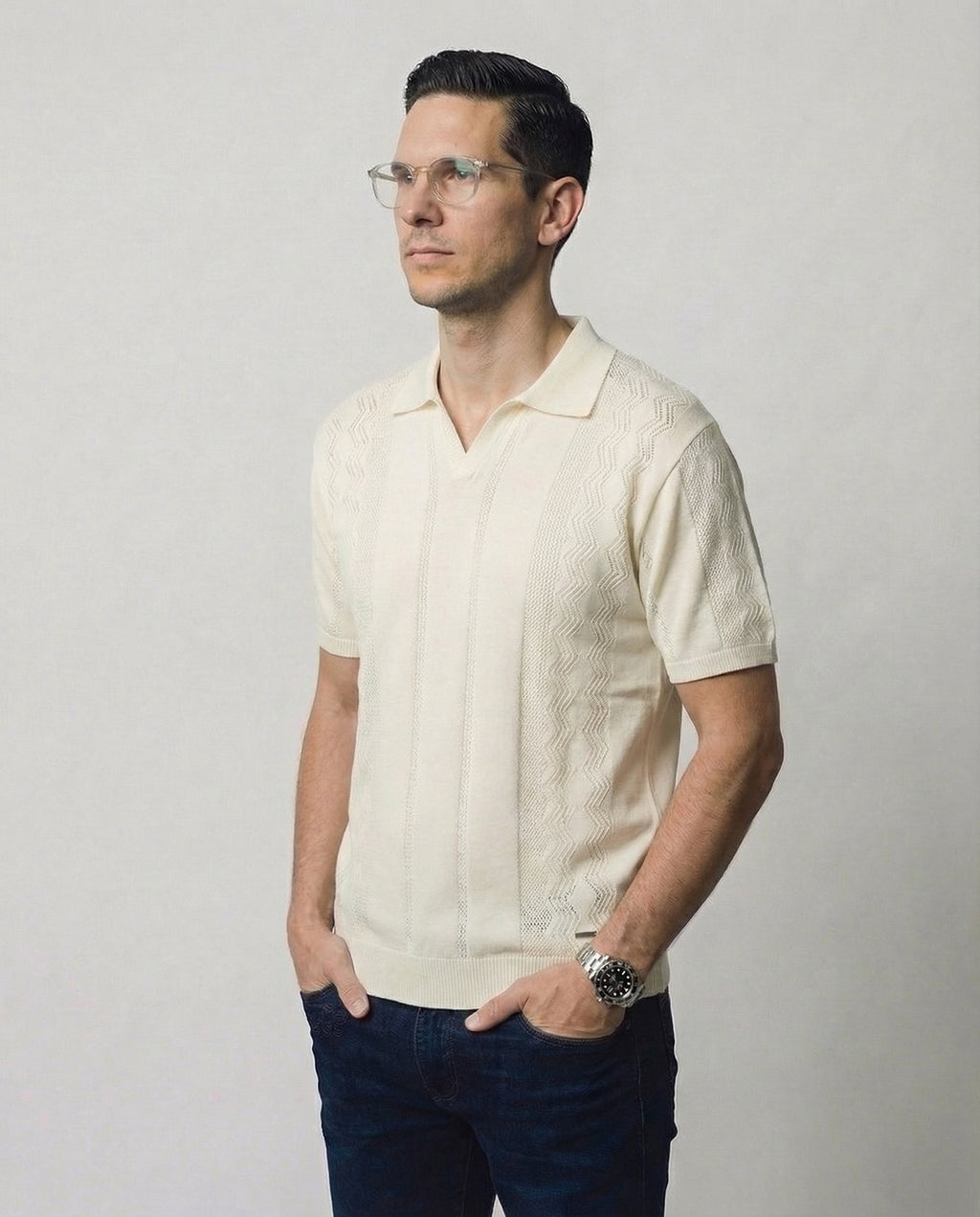 Vertical-Knit Polo Sweater