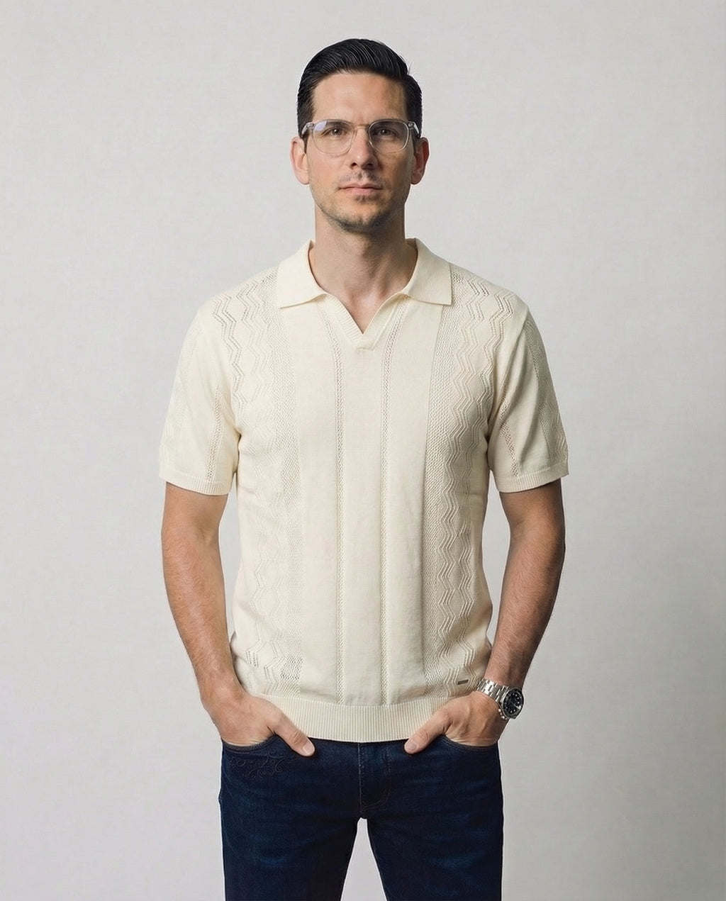 Vertical-Knit Polo Sweater