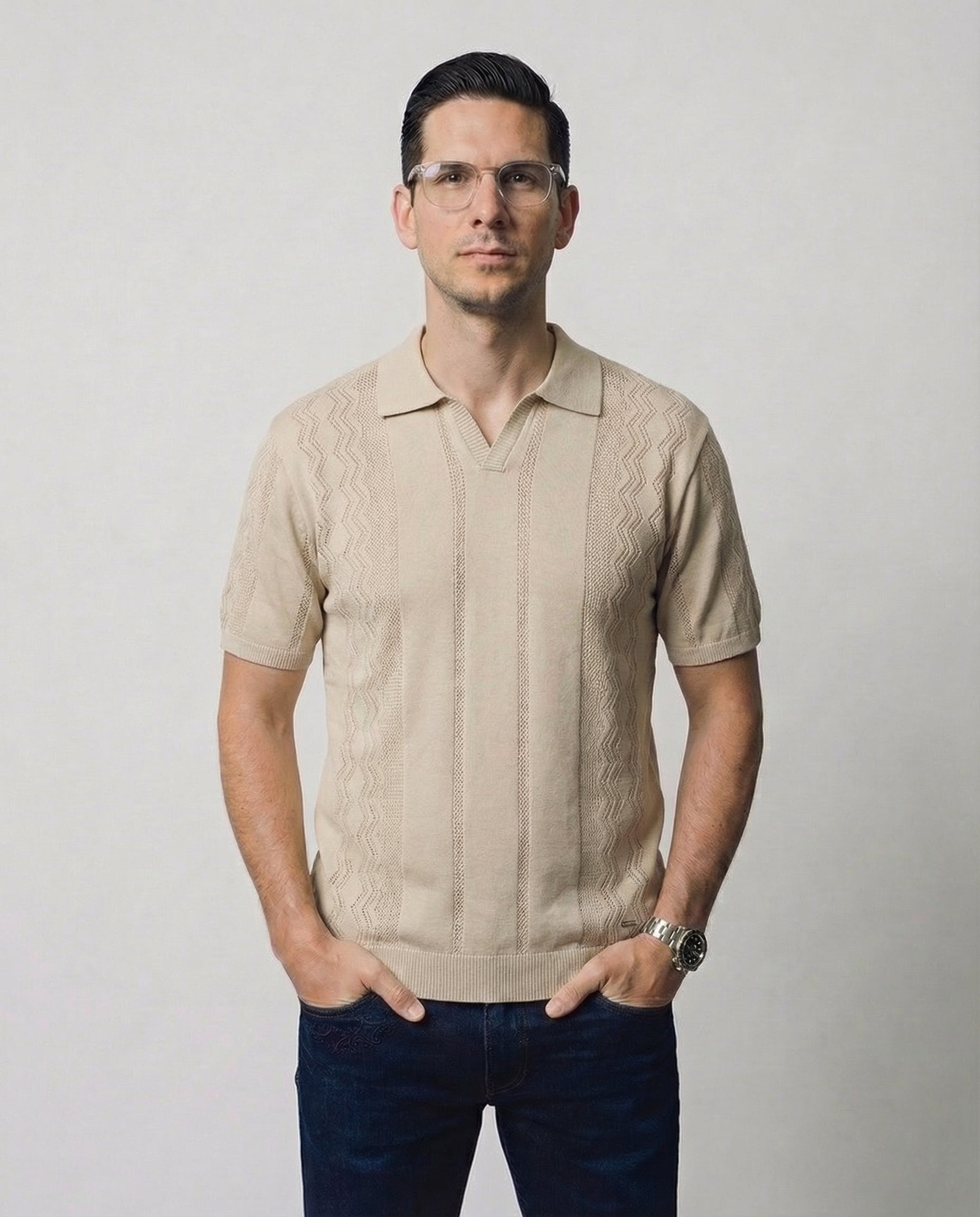 Vertical-Knit Polo Sweater