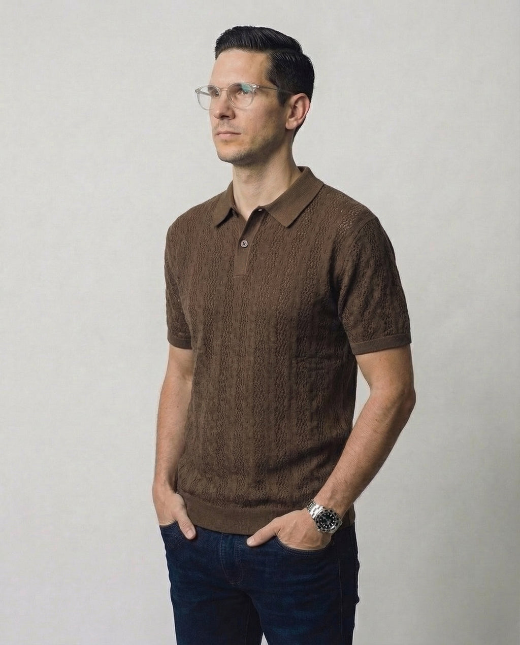 Linear-Knit Short Sleeve Sweater