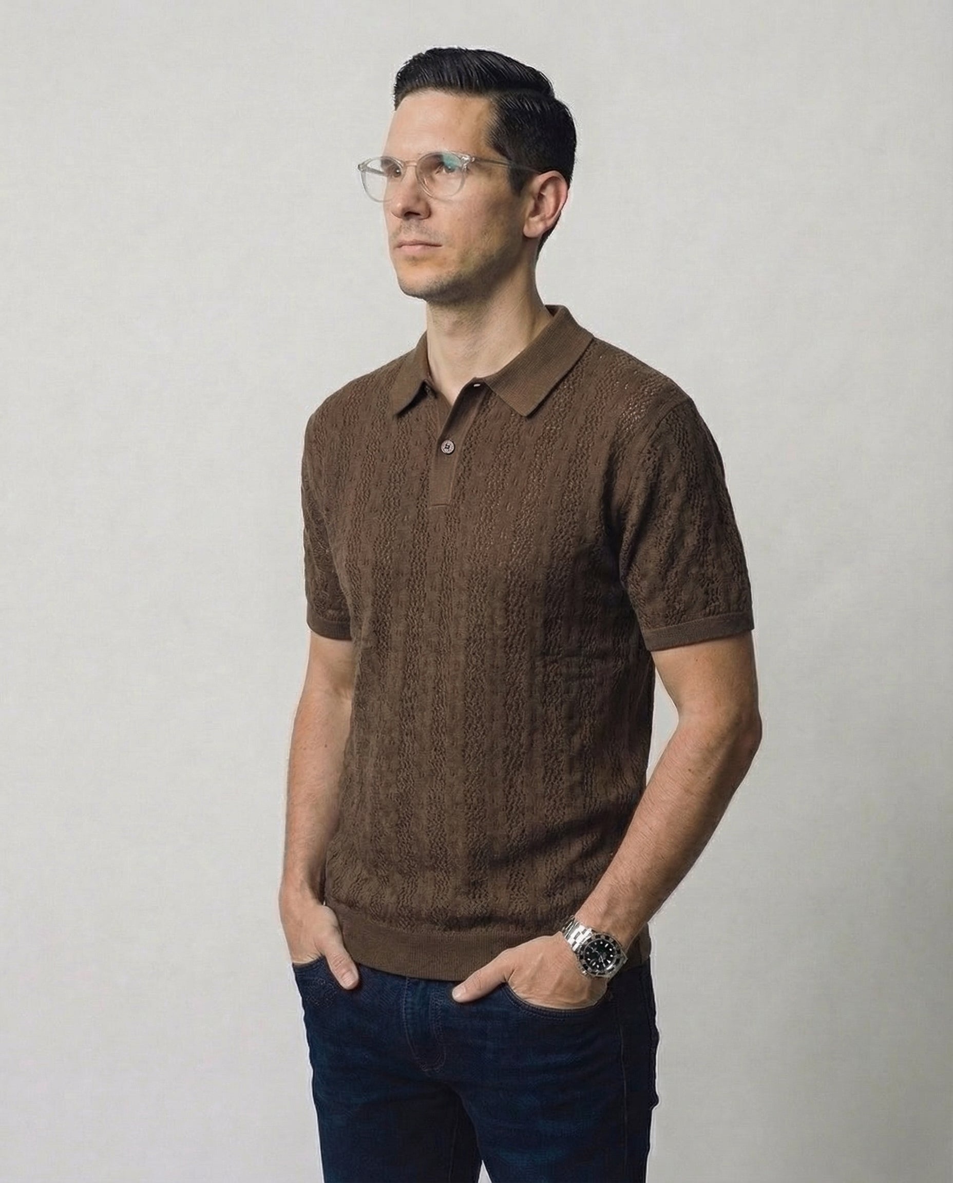 Linear-Knit Short Sleeve Sweater