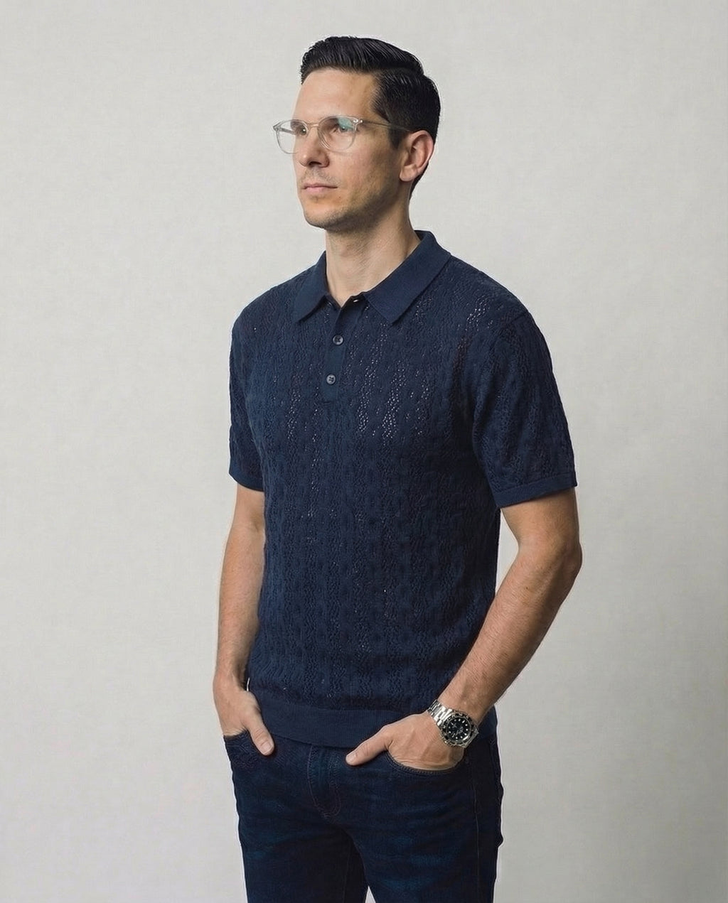 Linear-Knit Short Sleeve Sweater