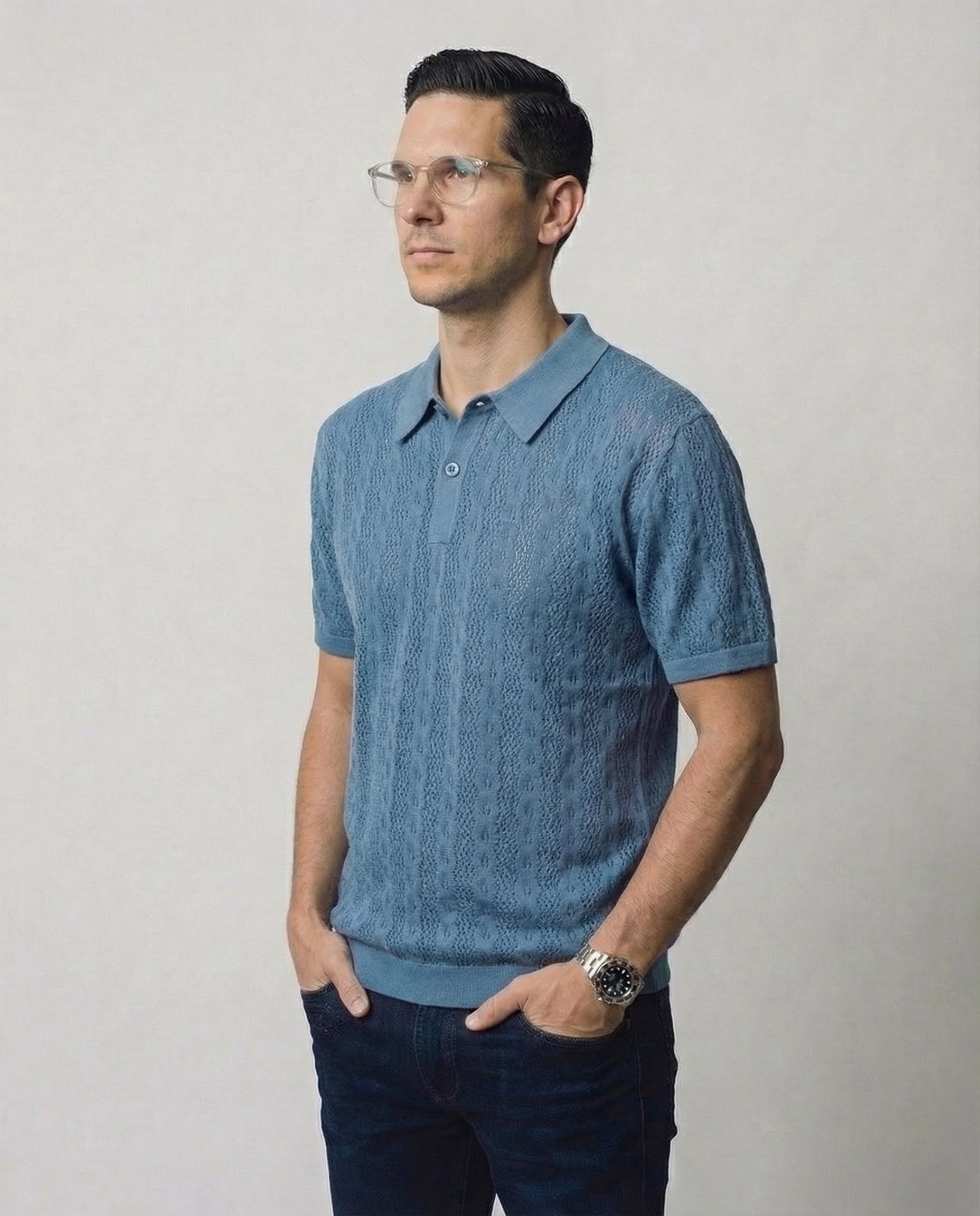 Linear-Knit Short Sleeve Sweater