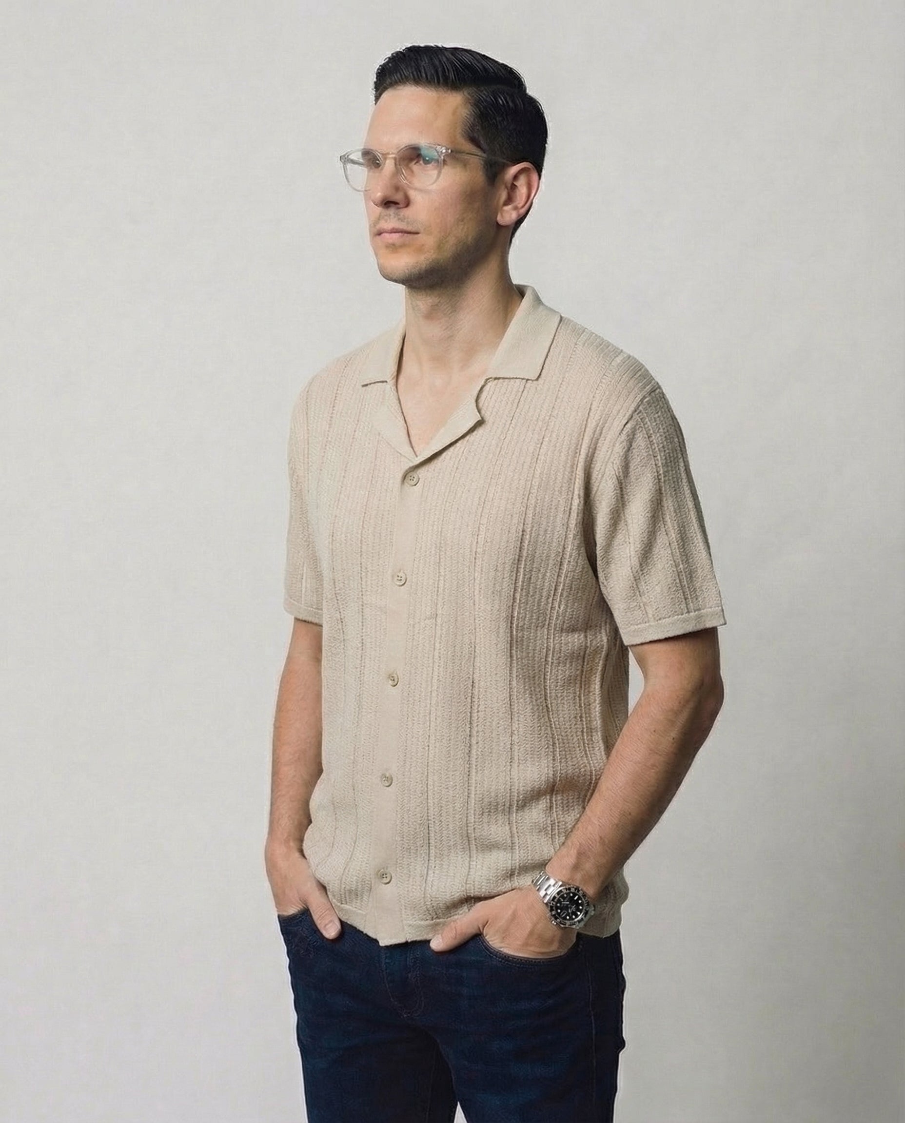Vertical-Knit Short Sleeve  Sweater