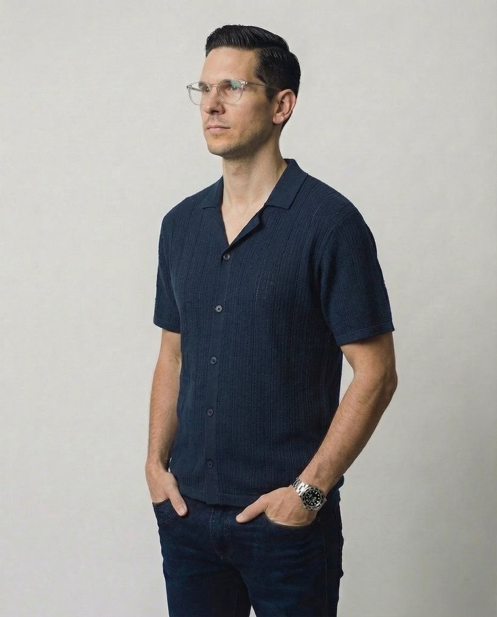 Vertical-Knit Short Sleeve  Sweater