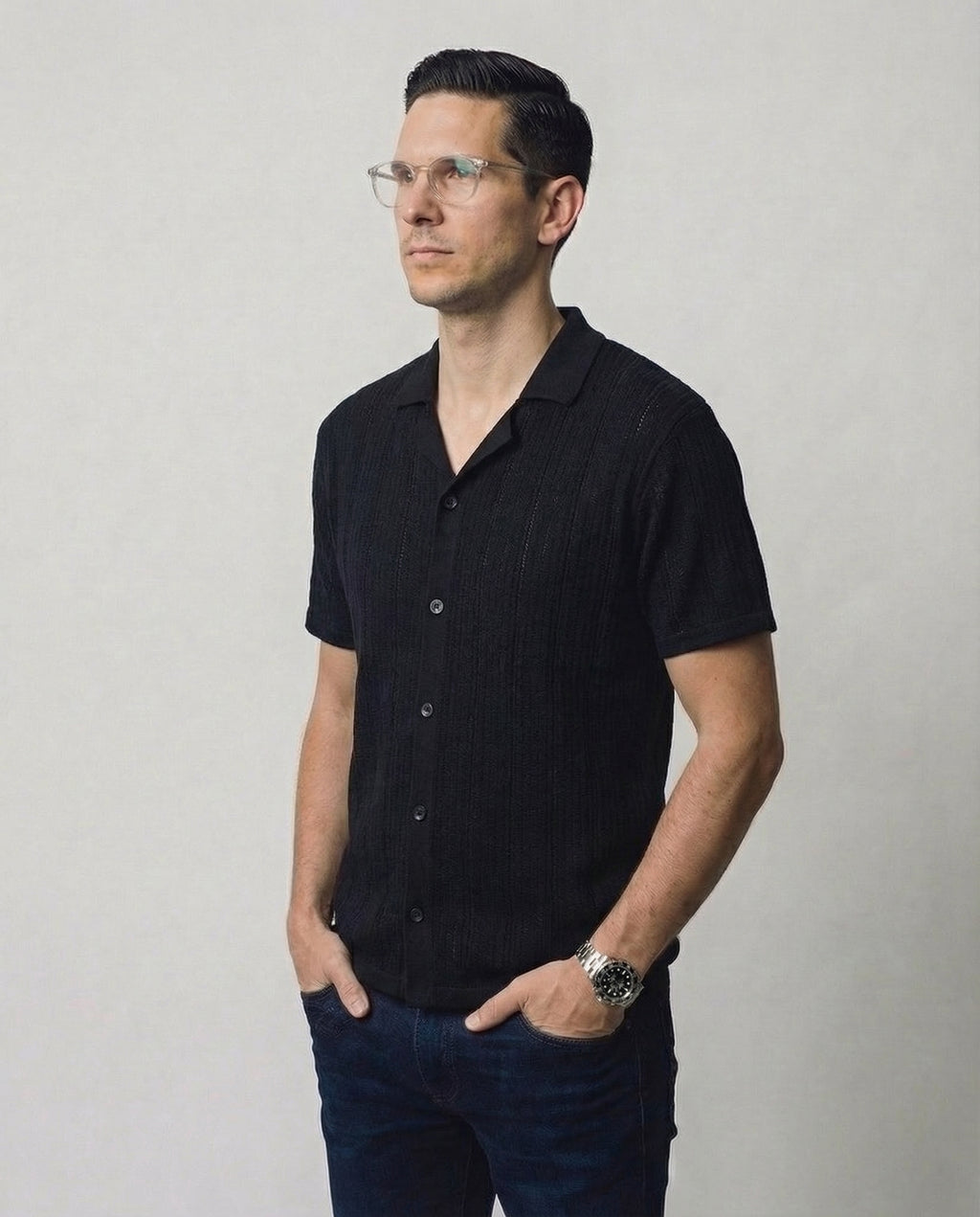 Vertical-Knit Short Sleeve  Sweater