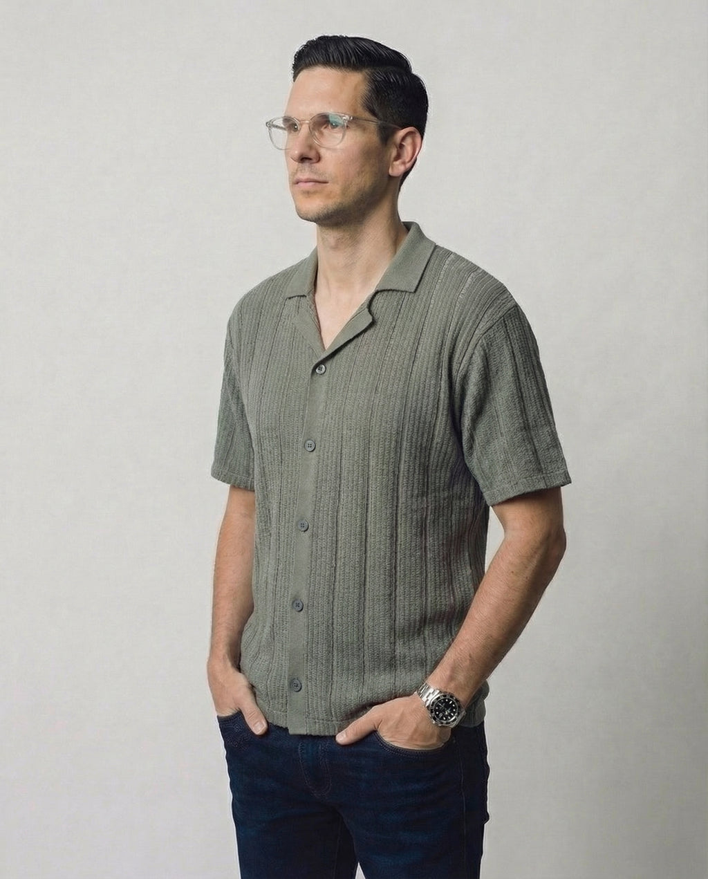 Vertical-Knit Short Sleeve  Sweater