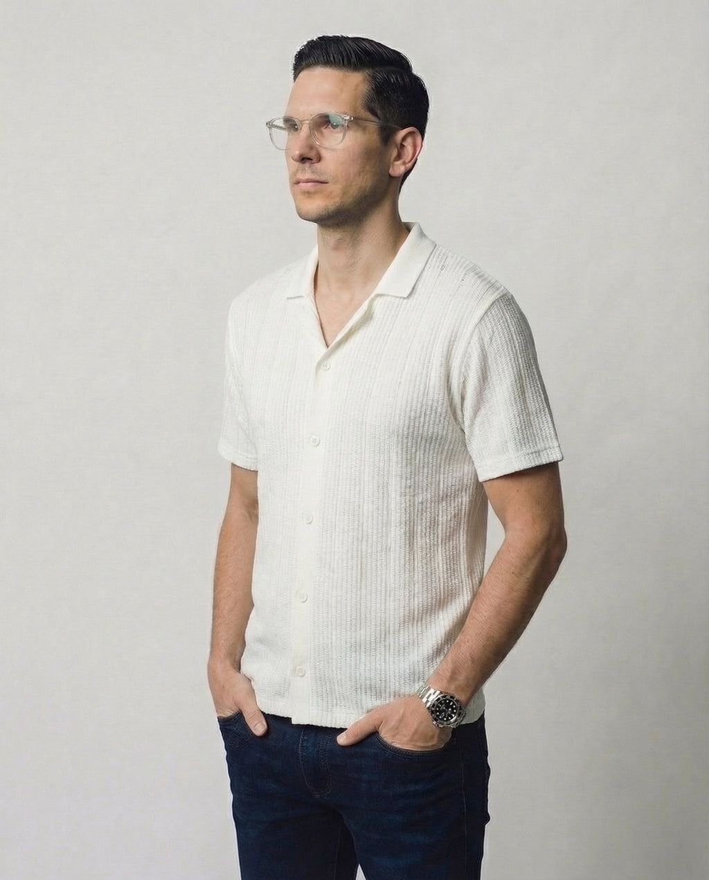 Vertical-Knit Short Sleeve  Sweater