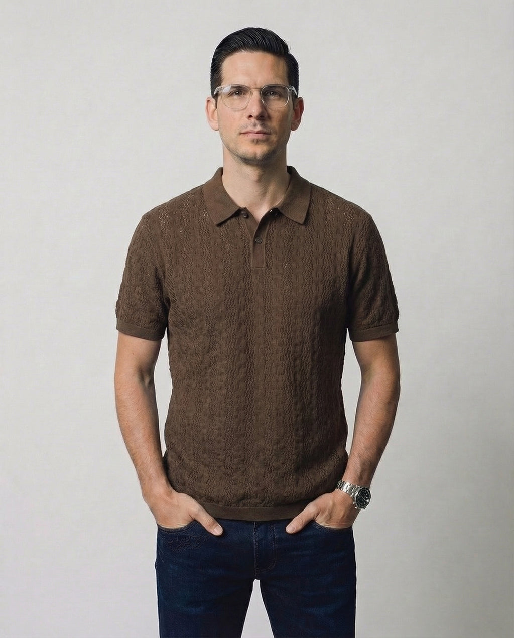 Linear-Knit Short Sleeve Sweater