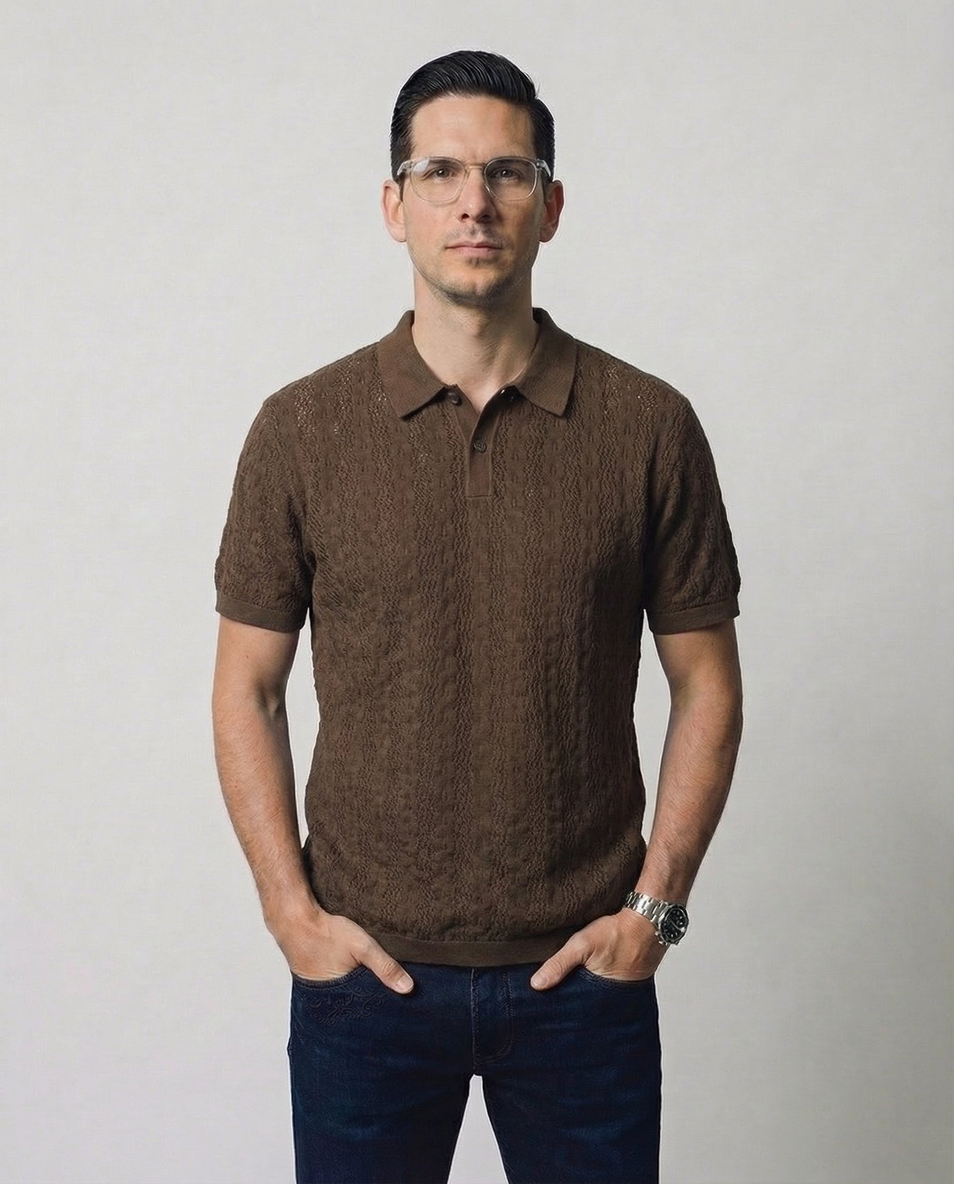 Linear-Knit Short Sleeve Sweater