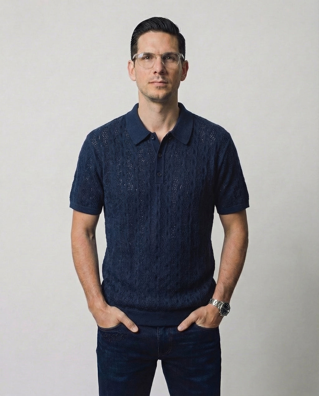 Linear-Knit Short Sleeve Sweater