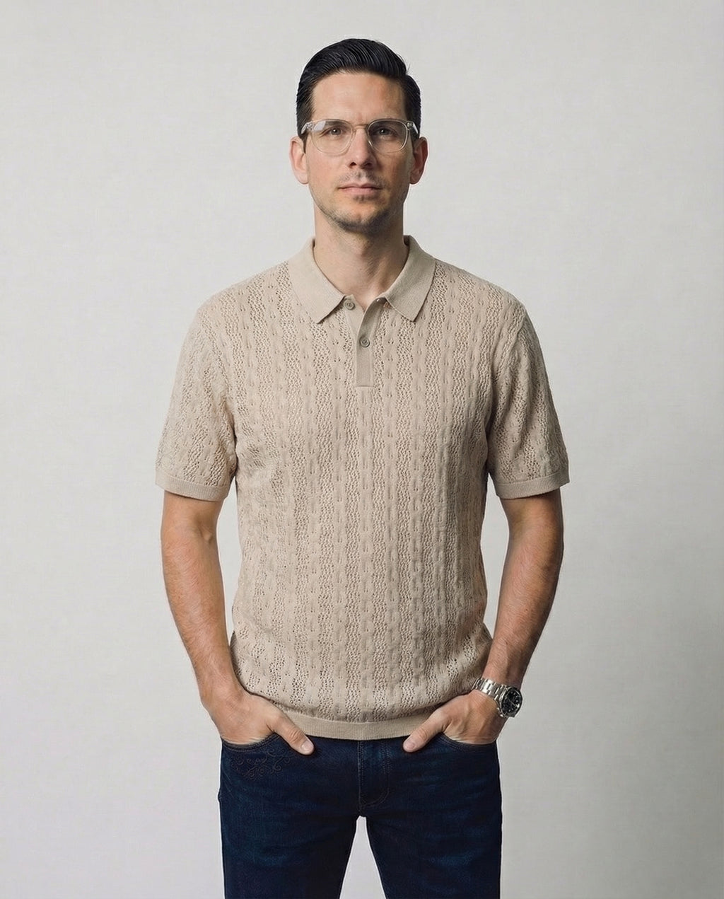 Linear-Knit Short Sleeve Sweater