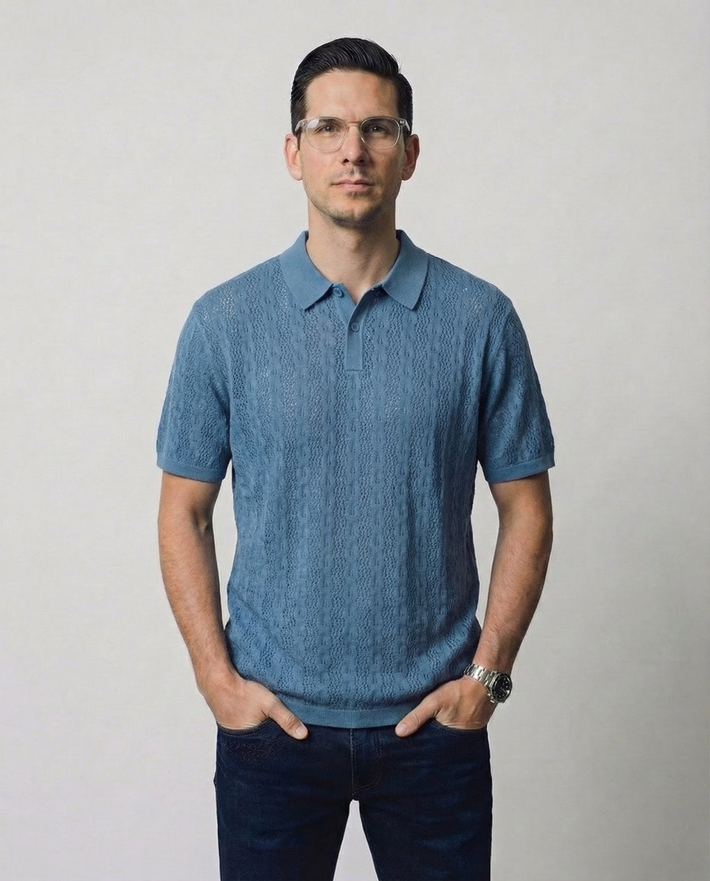 Linear-Knit Short Sleeve Sweater