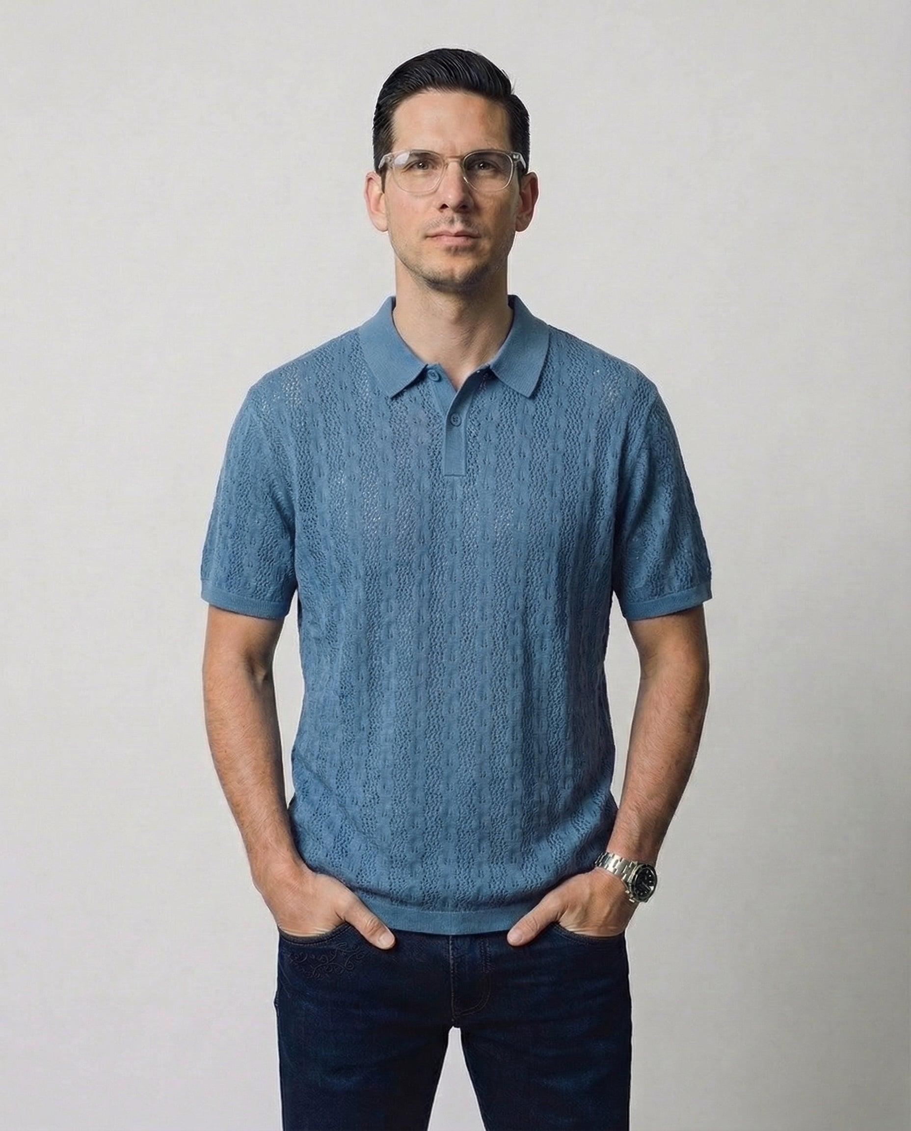 Linear-Knit Short Sleeve Sweater