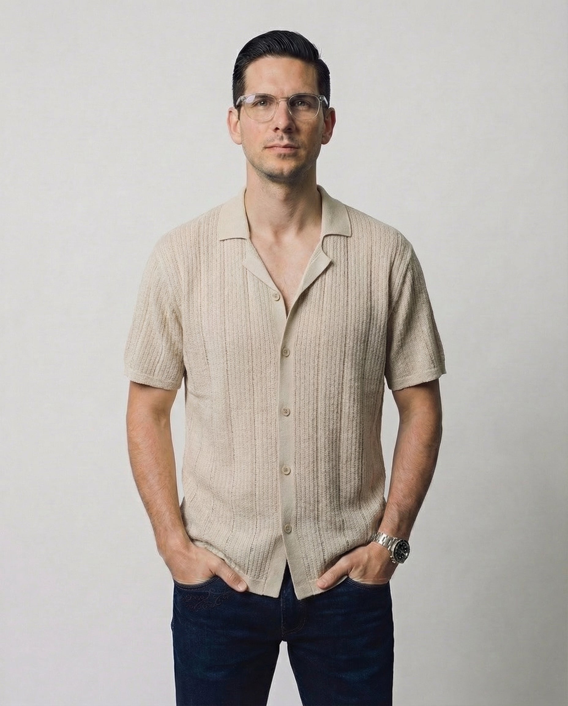 Vertical-Knit Short Sleeve  Sweater