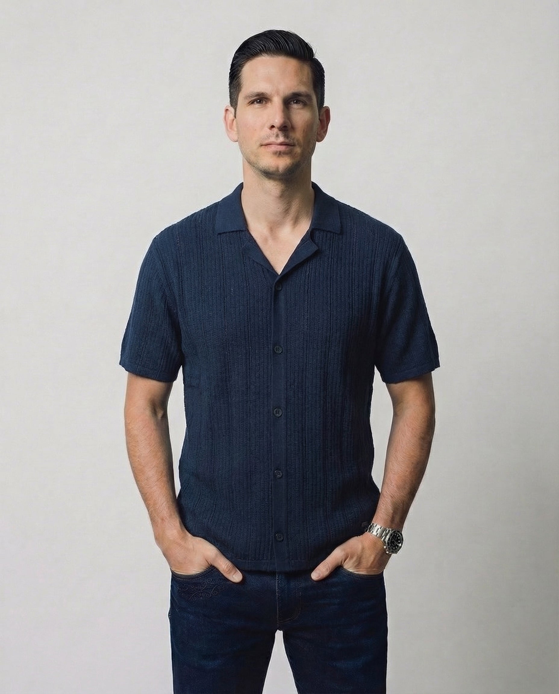 Vertical-Knit Short Sleeve  Sweater
