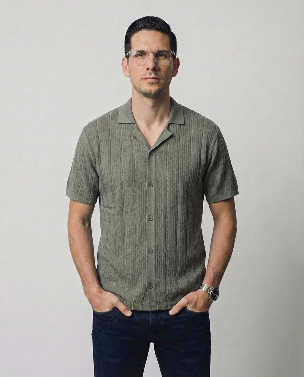 Vertical-Knit Short Sleeve  Sweater